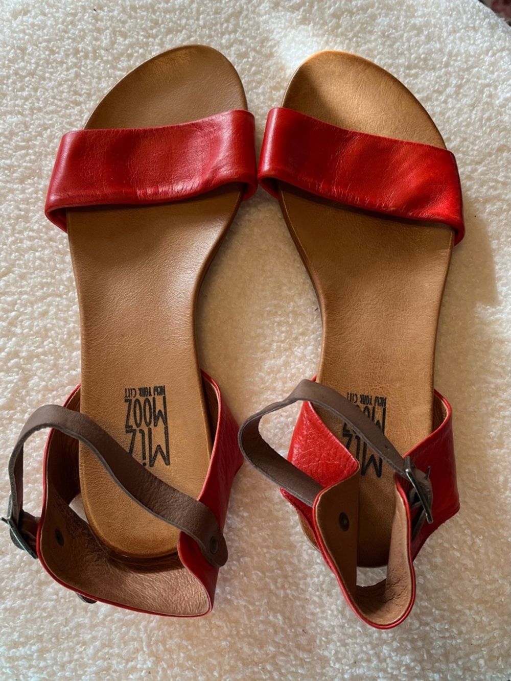 Miz Mooz Red Leather Ankle-Strap Slide Sandals
